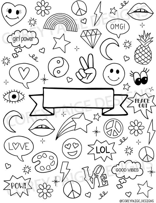 Doodle Icons Name Plate Coloring Sheet