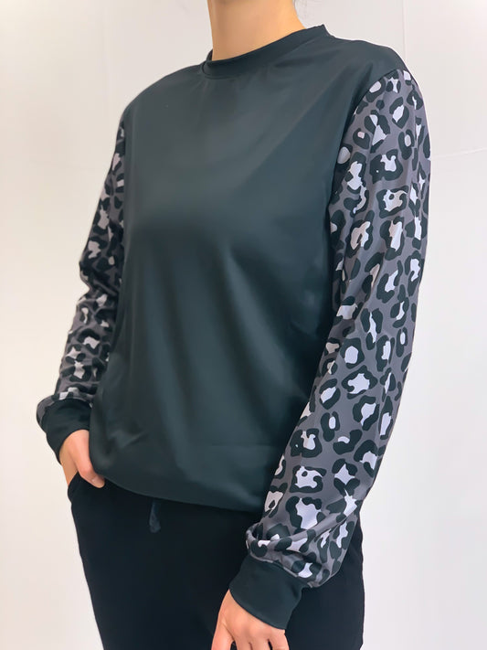 Gray Cheetah Sleeves Crew Neck Sweatshirt