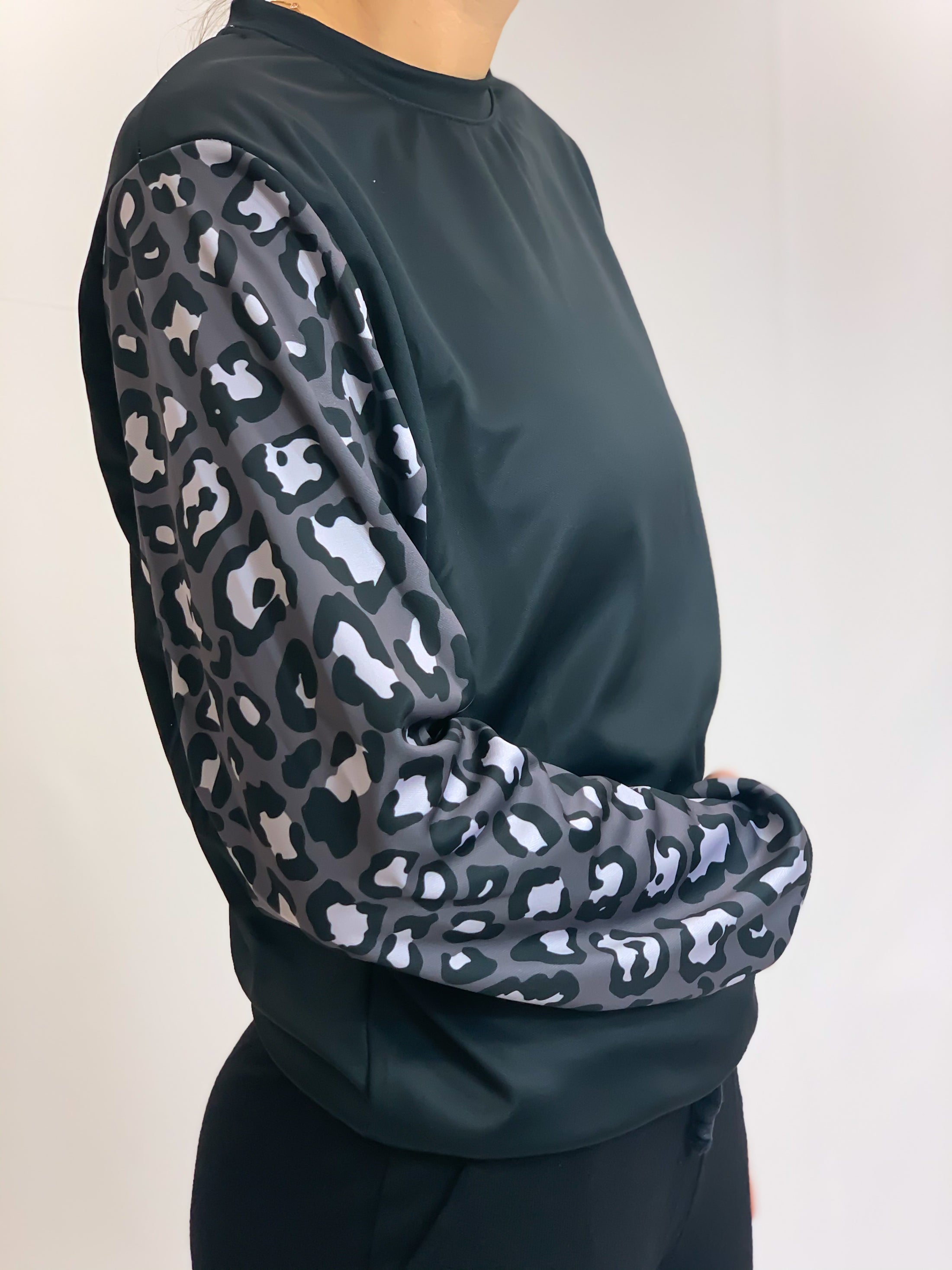 Gray Cheetah Sleeves Crew Neck Sweatshirt