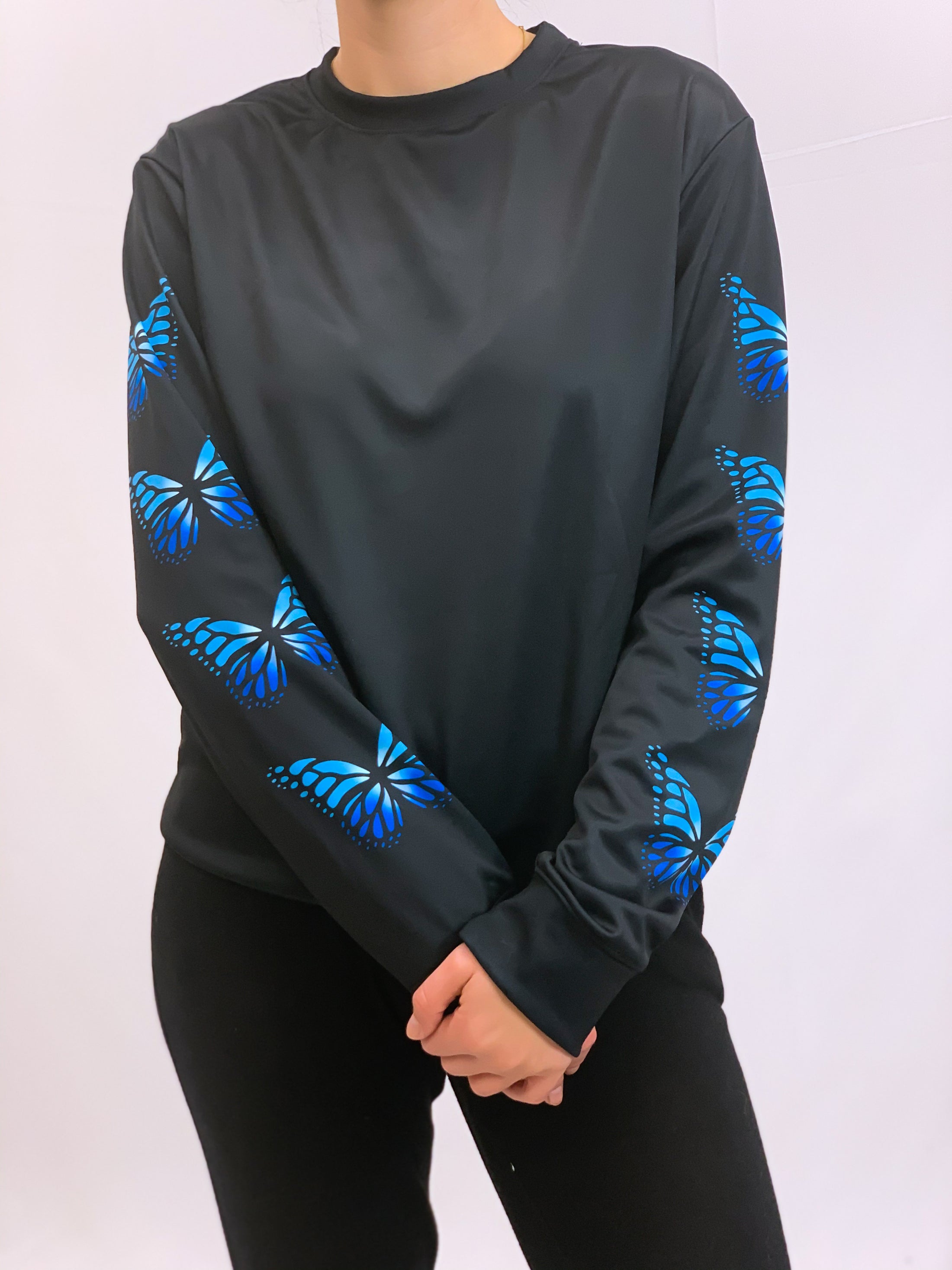 Blue Butterflies Black Crew Neck Sweatshirt
