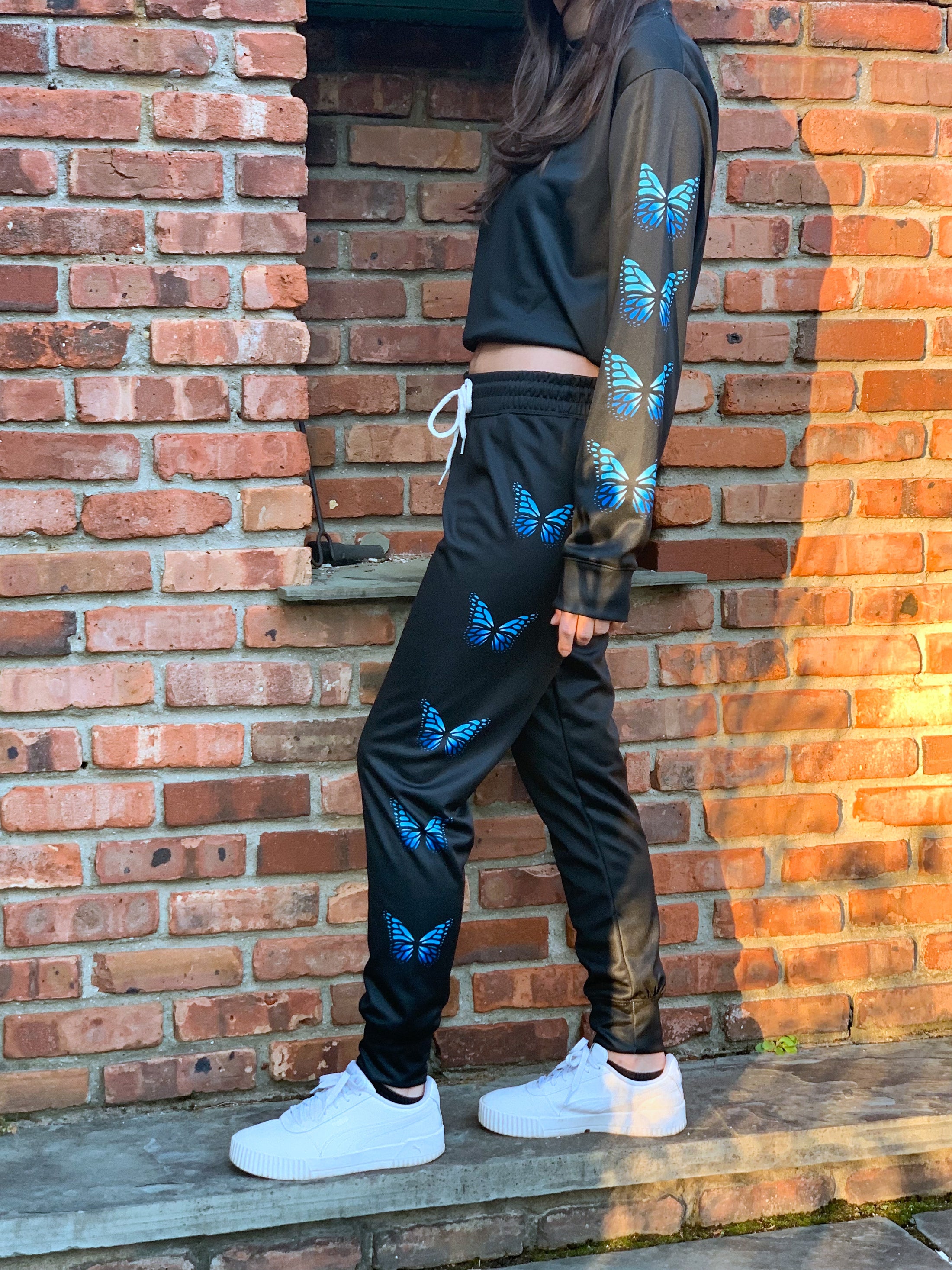 Blue Butterflies Black Crew Neck Sweatshirt