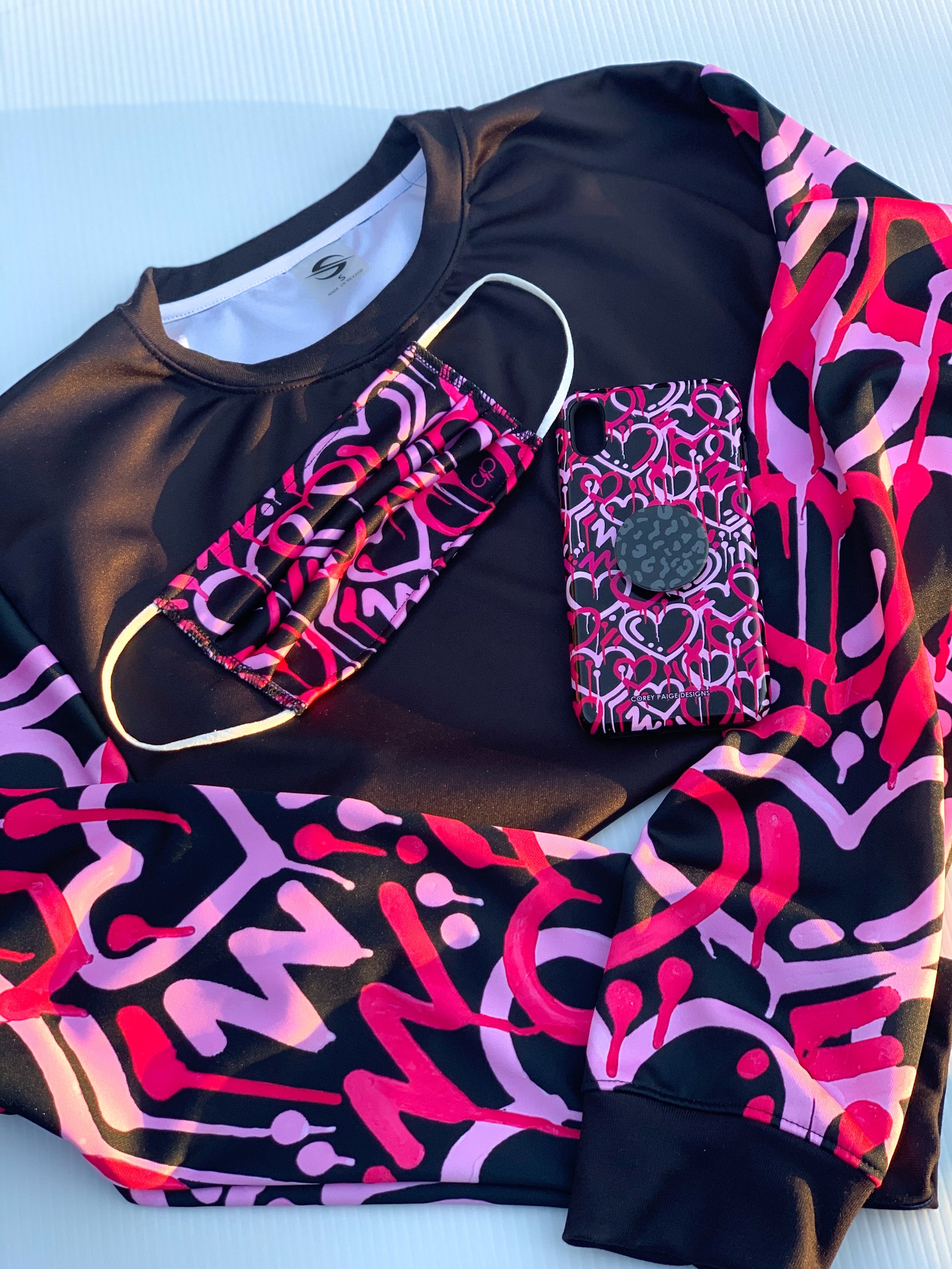 Pink Electric Love Black Crew Neck Sweatshirt