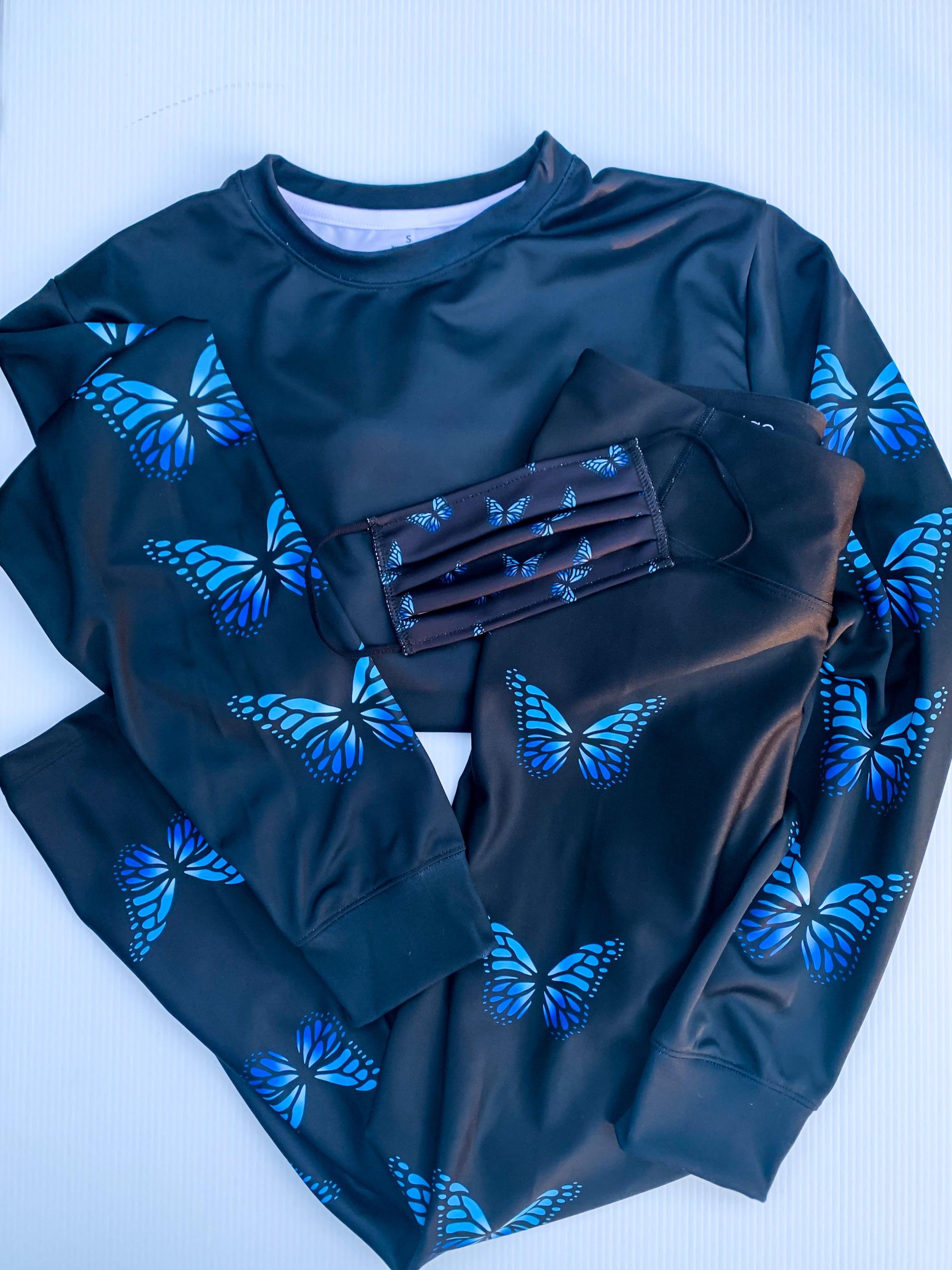 Blue Butterflies Black Crew Neck Sweatshirt