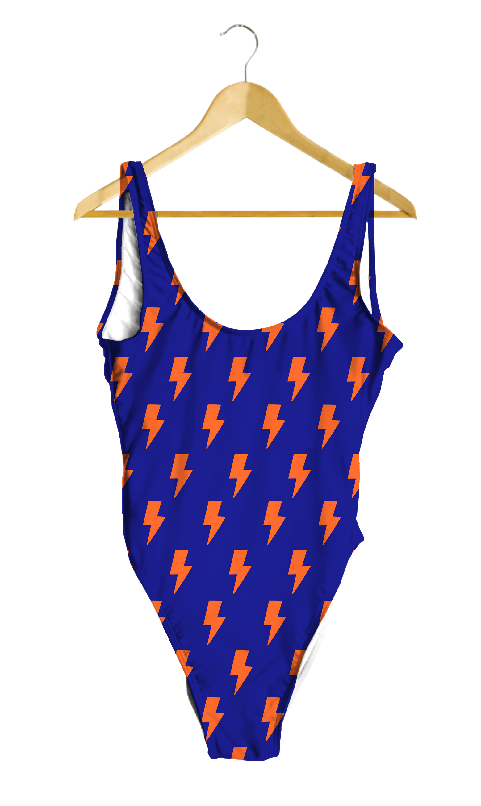 Orange Lightning Bolts on Blue One-Piece