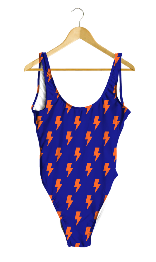 Orange Lightning Bolts on Blue One-Piece
