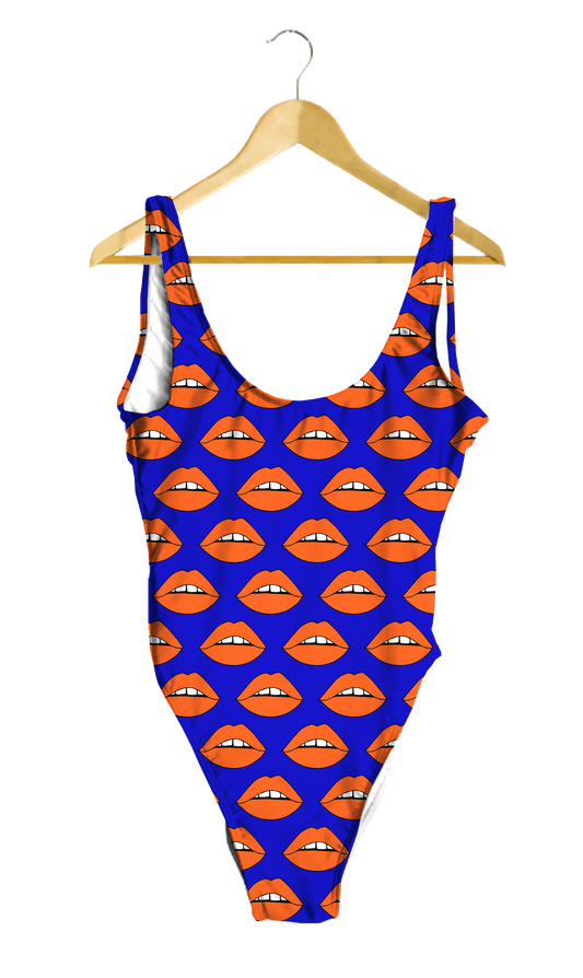 Orange Lips on Blue One-Piece