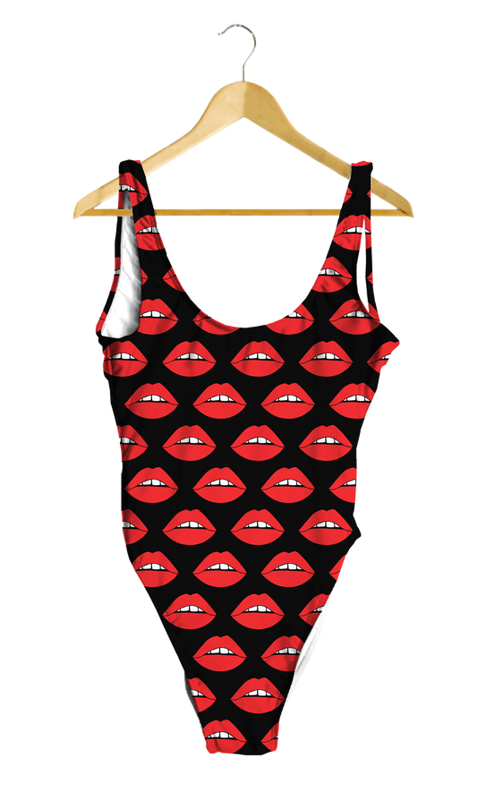 Red Lips on Black One-Piece