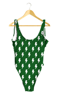 Load image into Gallery viewer, White Lightning Bolts on Green One-Piece