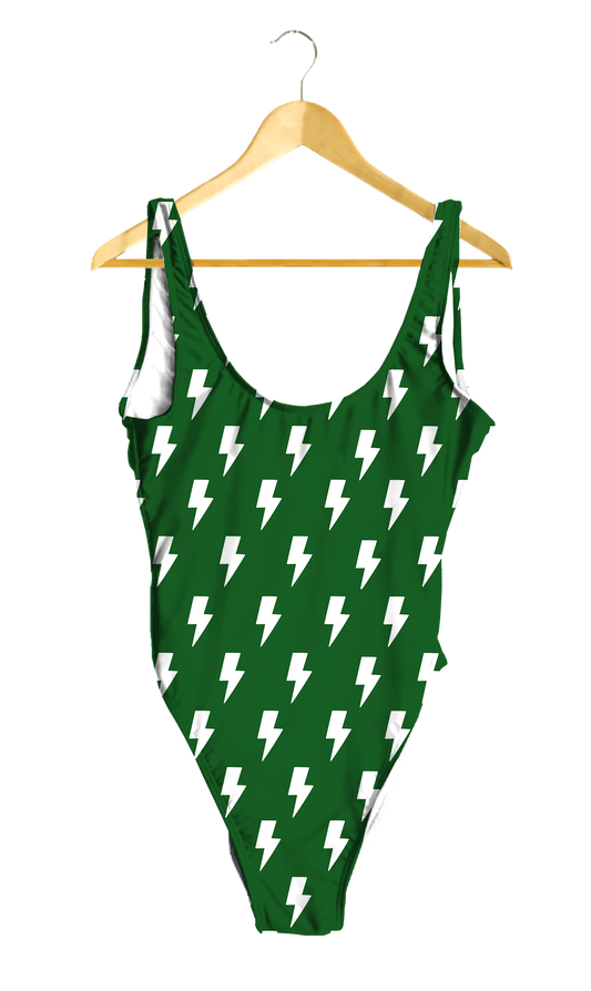 White Lightning Bolts on Green One-Piece