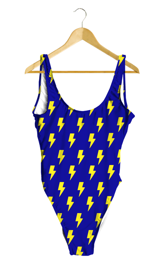 Yellow Lightning Bolts on Blue One-Piece