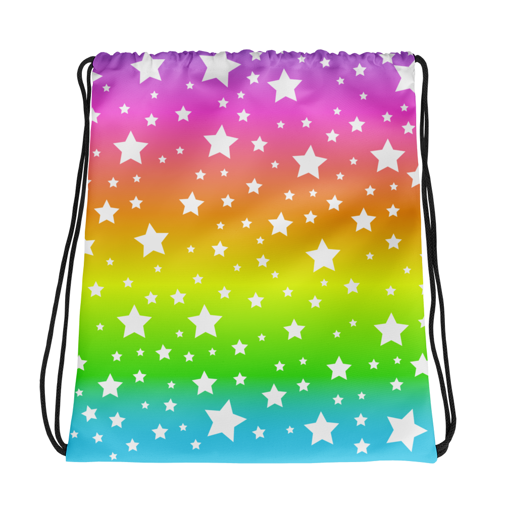 White Stars Rainbow Ombre Drawstring Bag