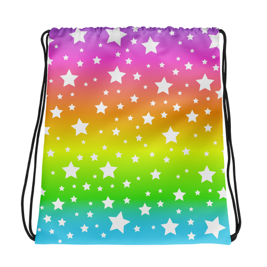 White Stars Rainbow Ombre Drawstring Bag