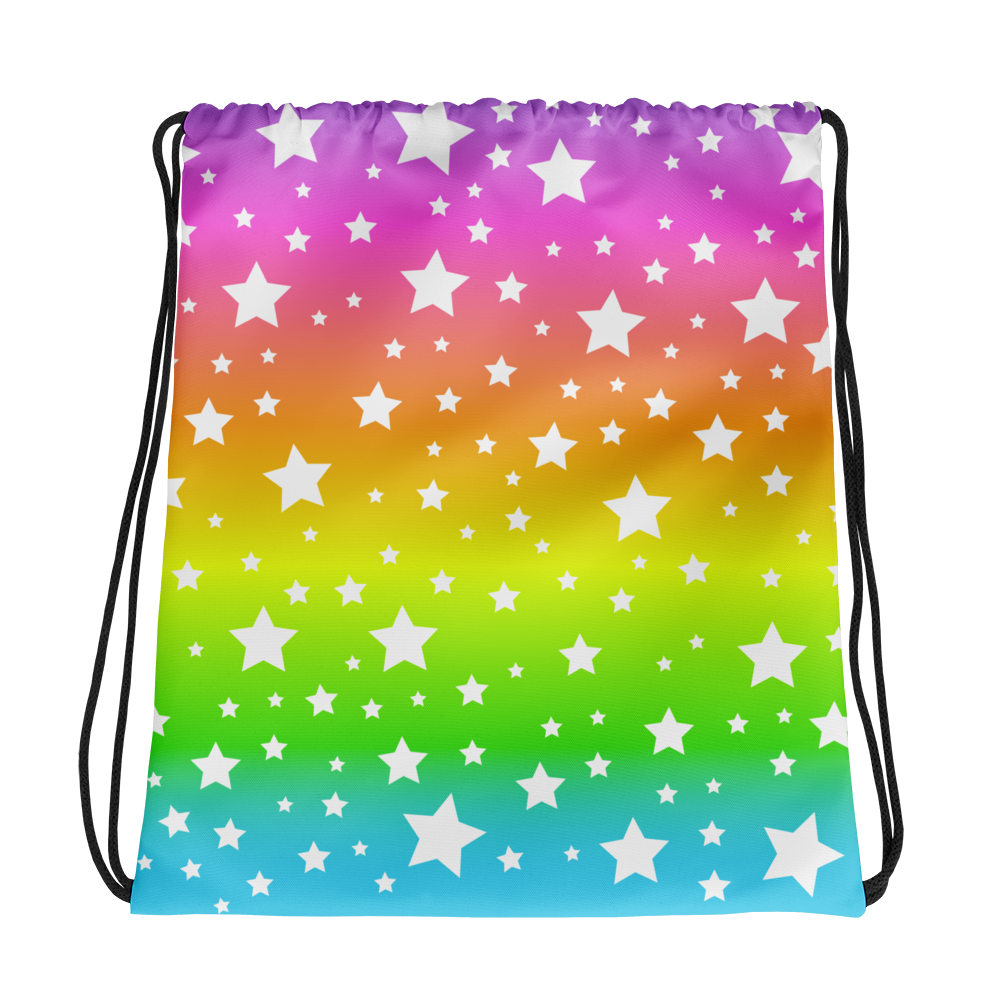 White Stars Rainbow Ombre Drawstring Bag