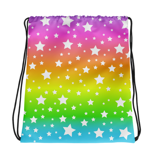 White Stars Rainbow Ombre Drawstring Bag
