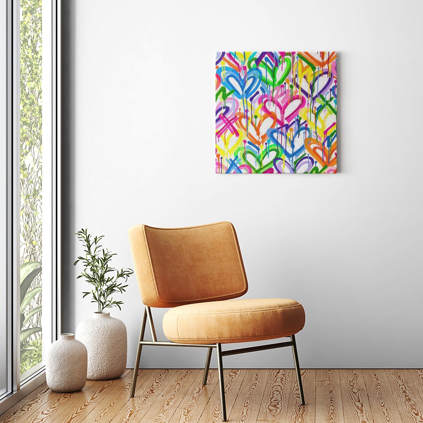 Layered Graffiti Neon Hearts Canvas Print