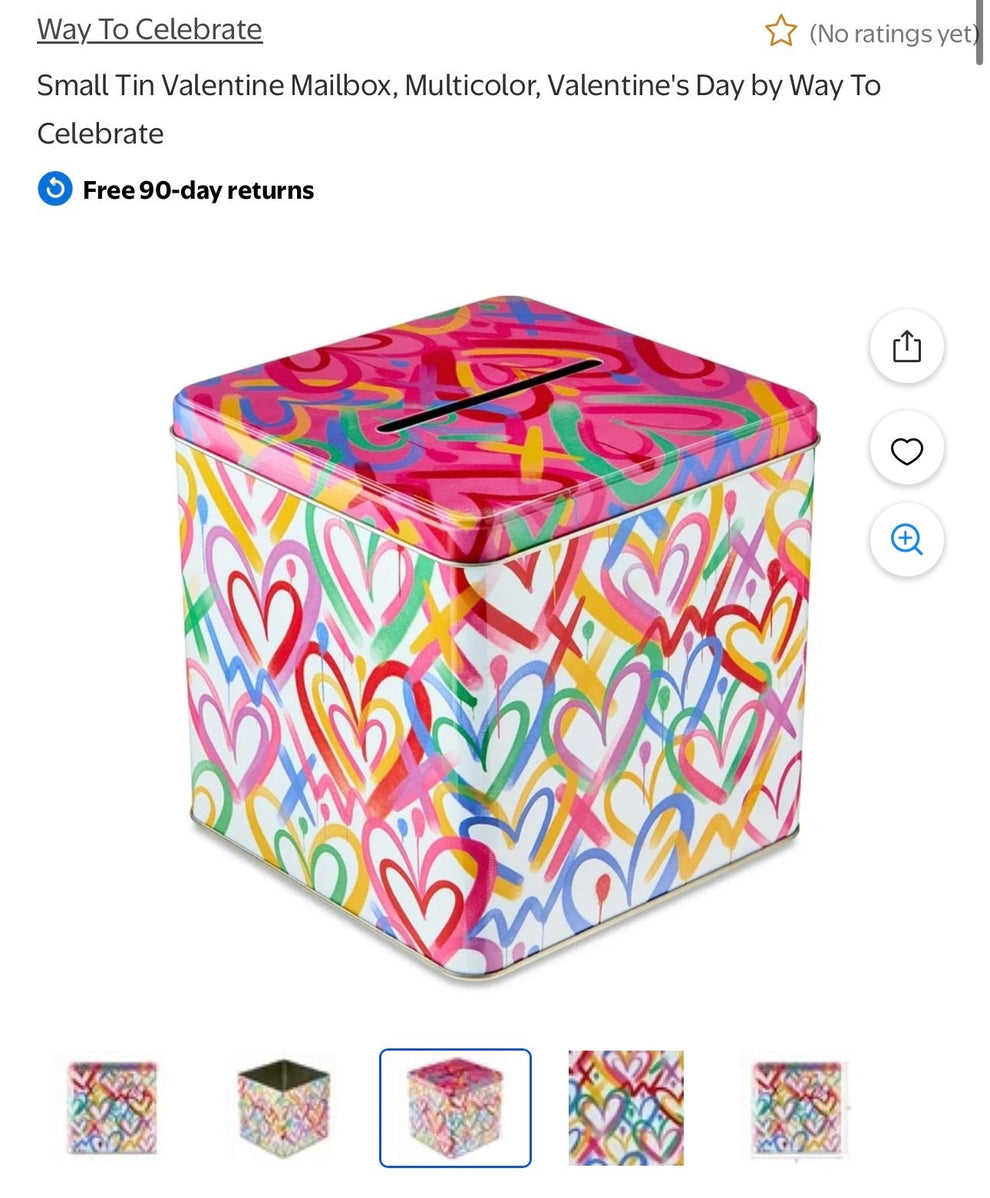 Colorful tin mailbox with heart patterns on a Walmart product page
