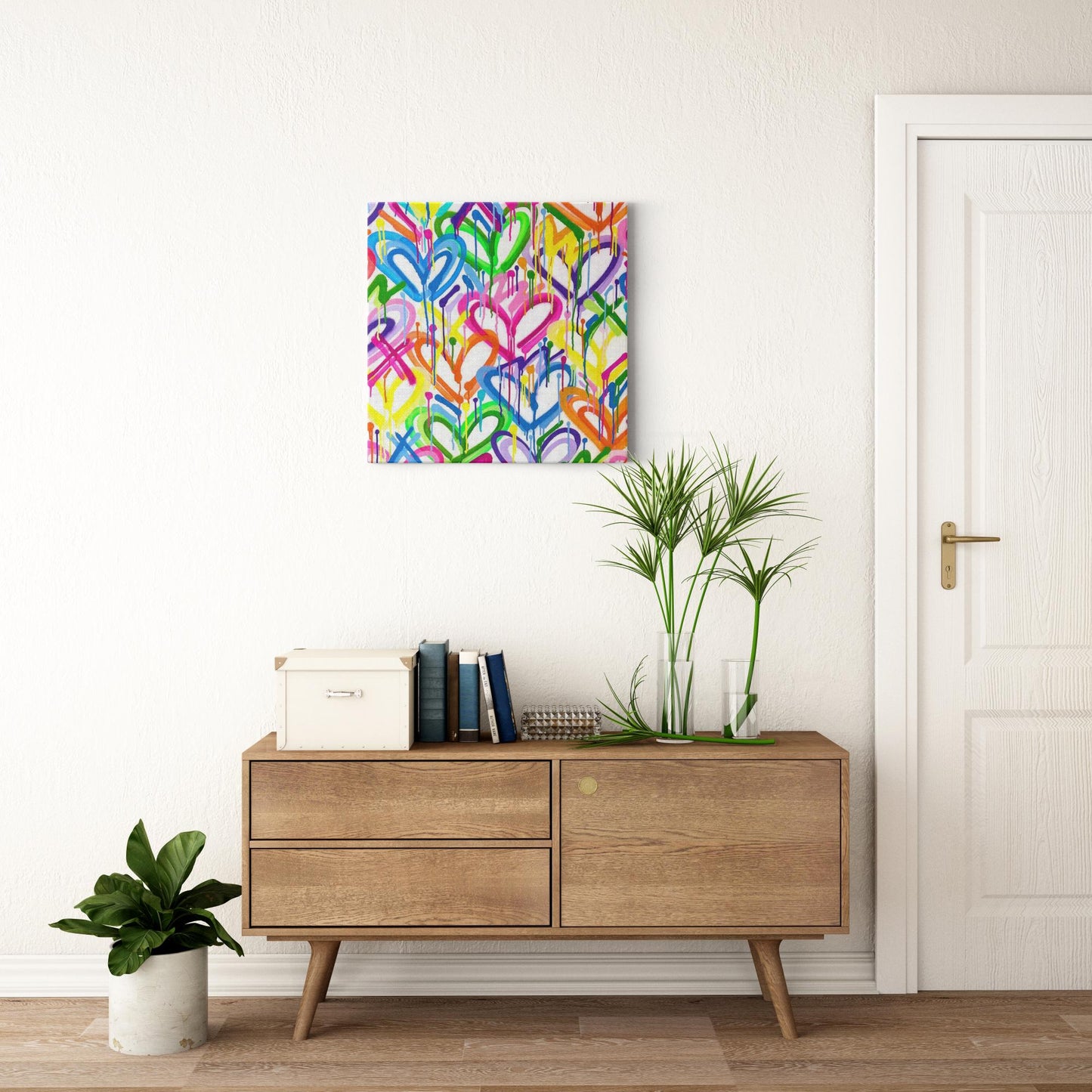 Layered Graffiti Neon Hearts Canvas Print