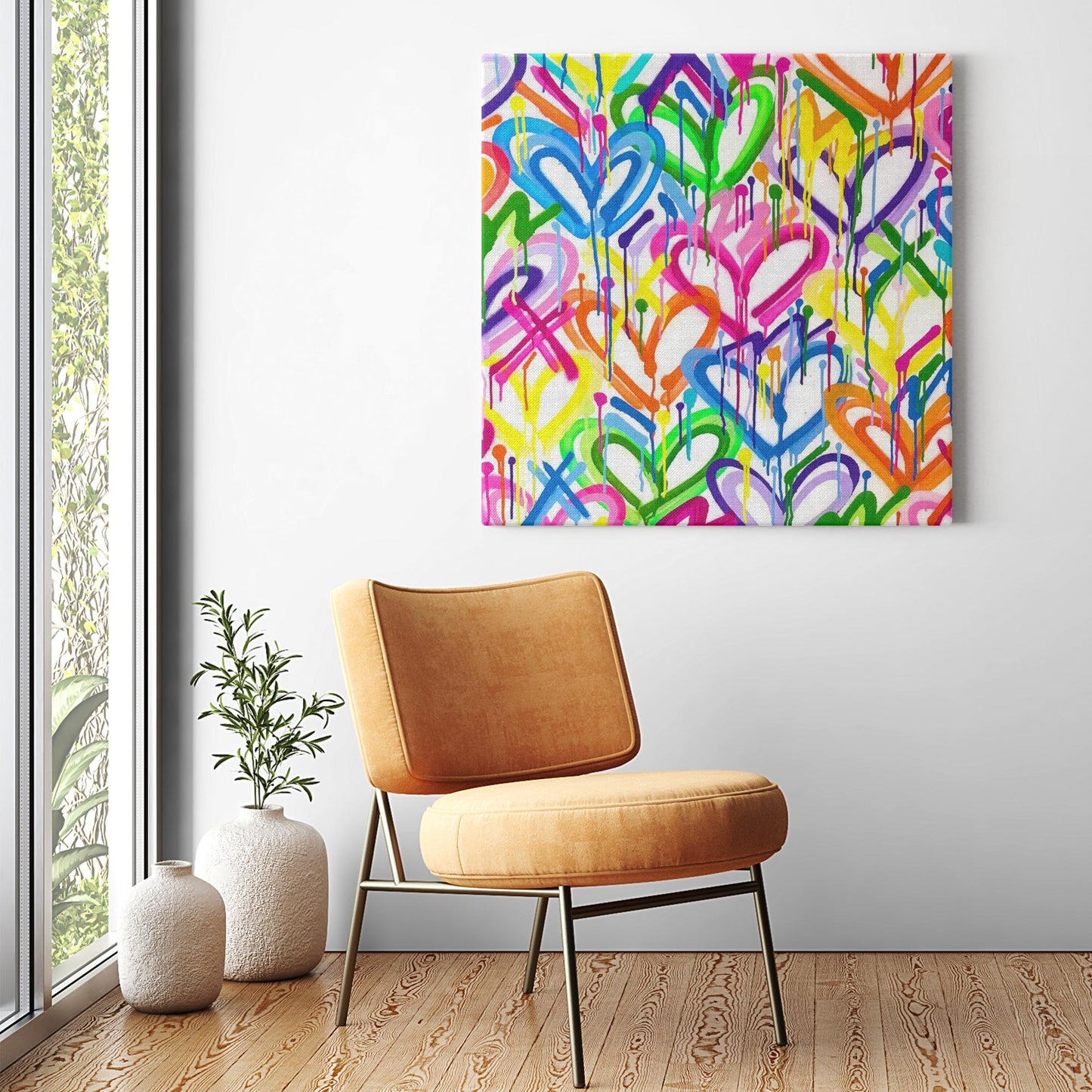 Layered Graffiti Neon Hearts Canvas Print