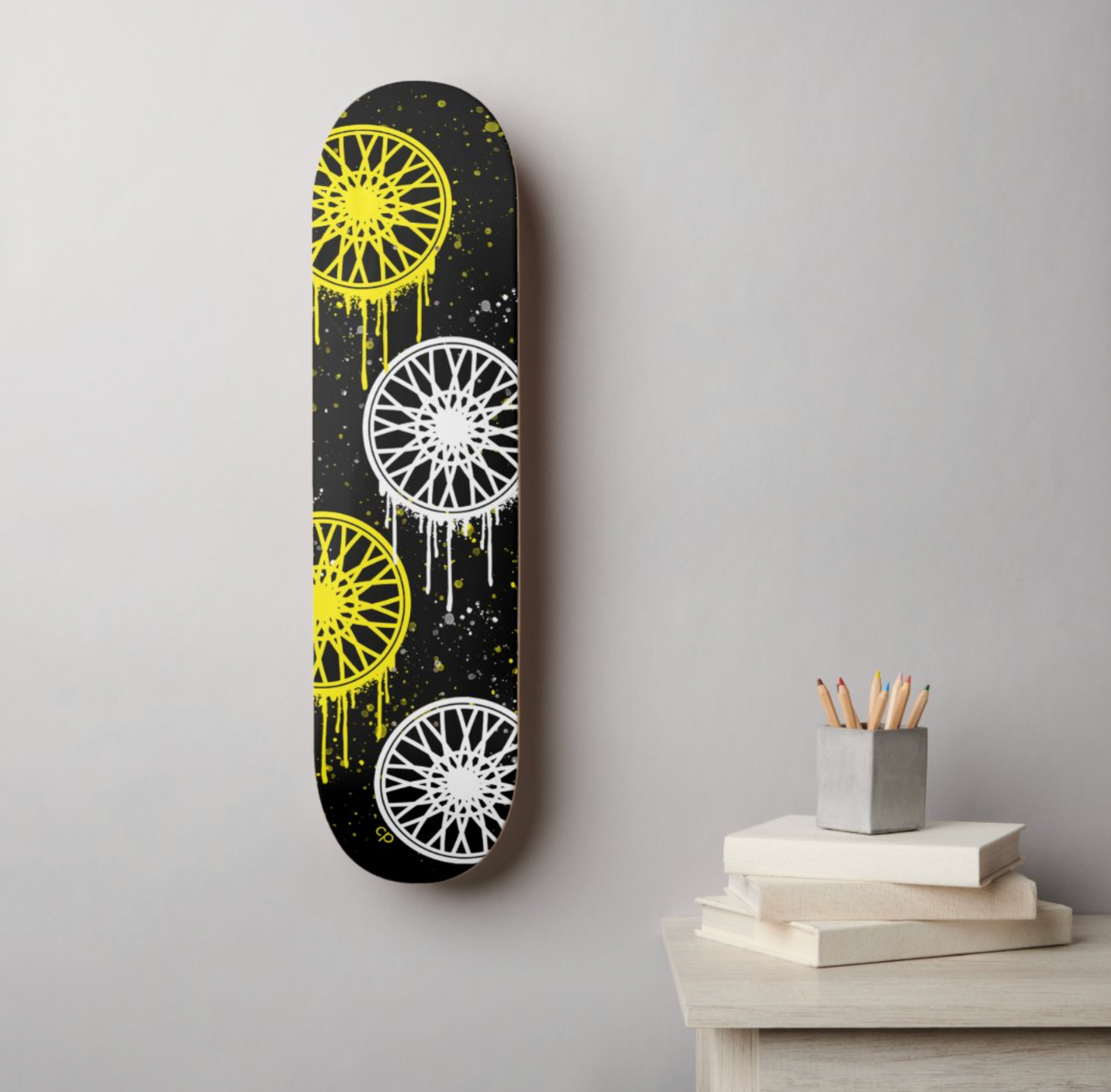 Black and Yellow Wheels Skateboard Deck