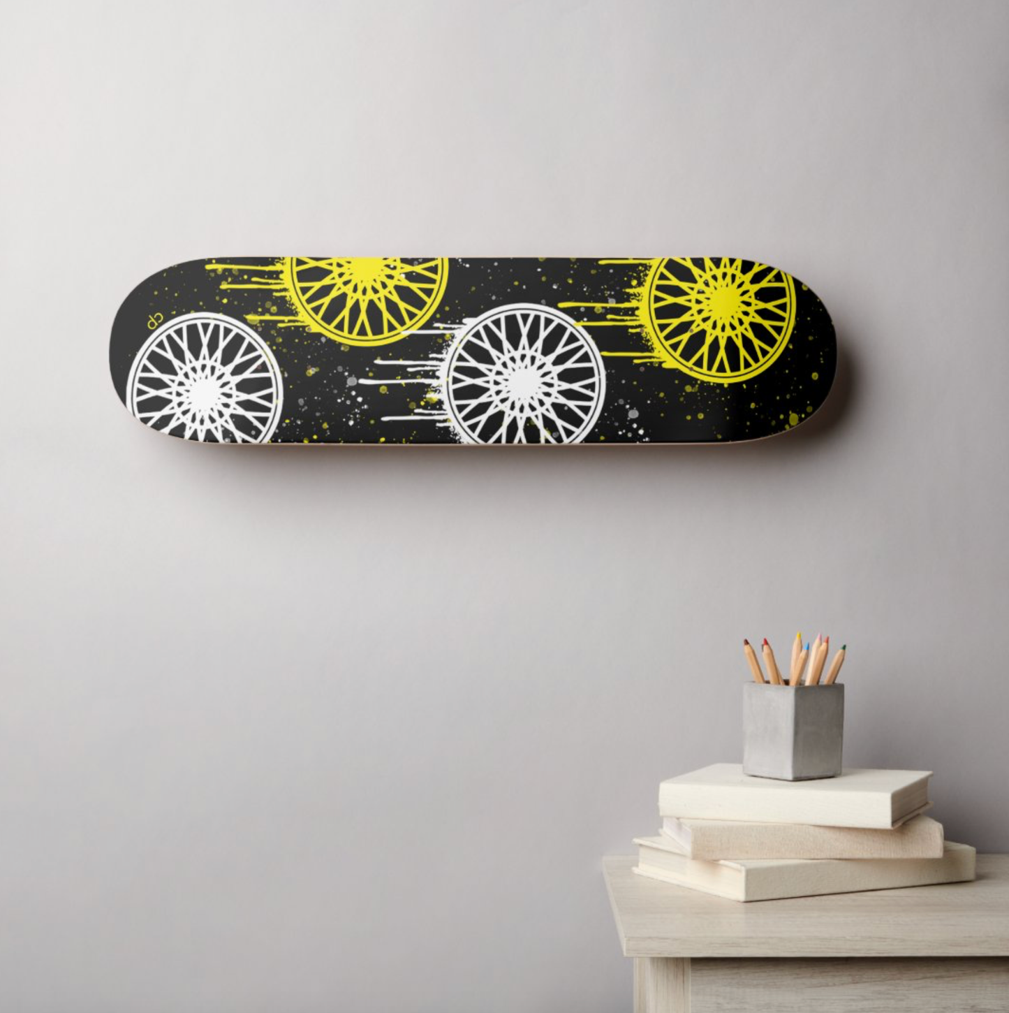 Black and Yellow Wheels Skateboard Deck