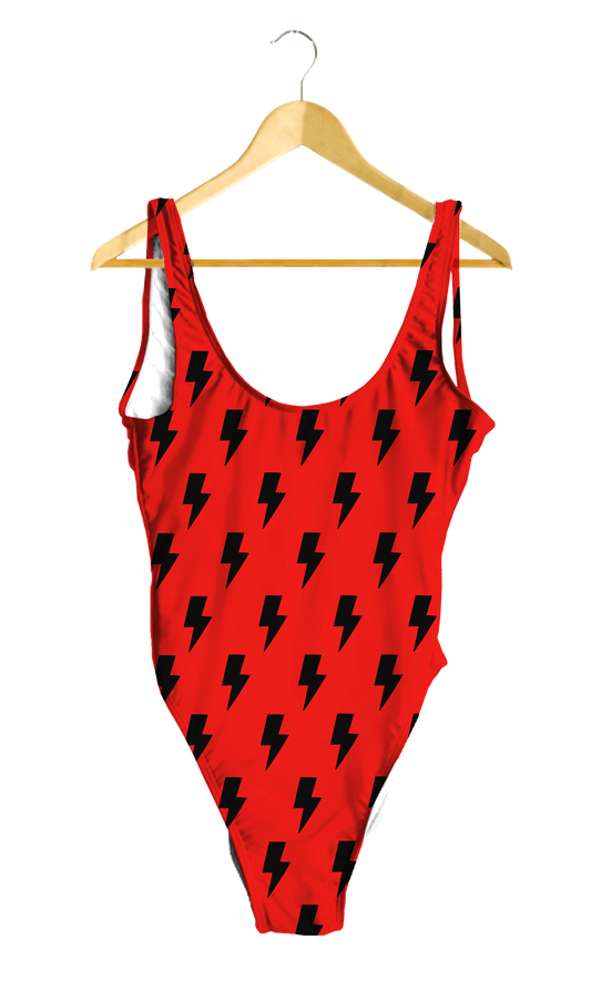 Black Lightning Bolts on Red One-Piece
