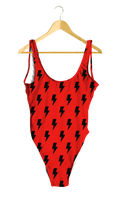 Load image into Gallery viewer, Black Lightning Bolts on Red One-Piece
