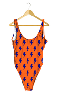 Load image into Gallery viewer, Blue Lightning Bolts on Orange One-Piece
