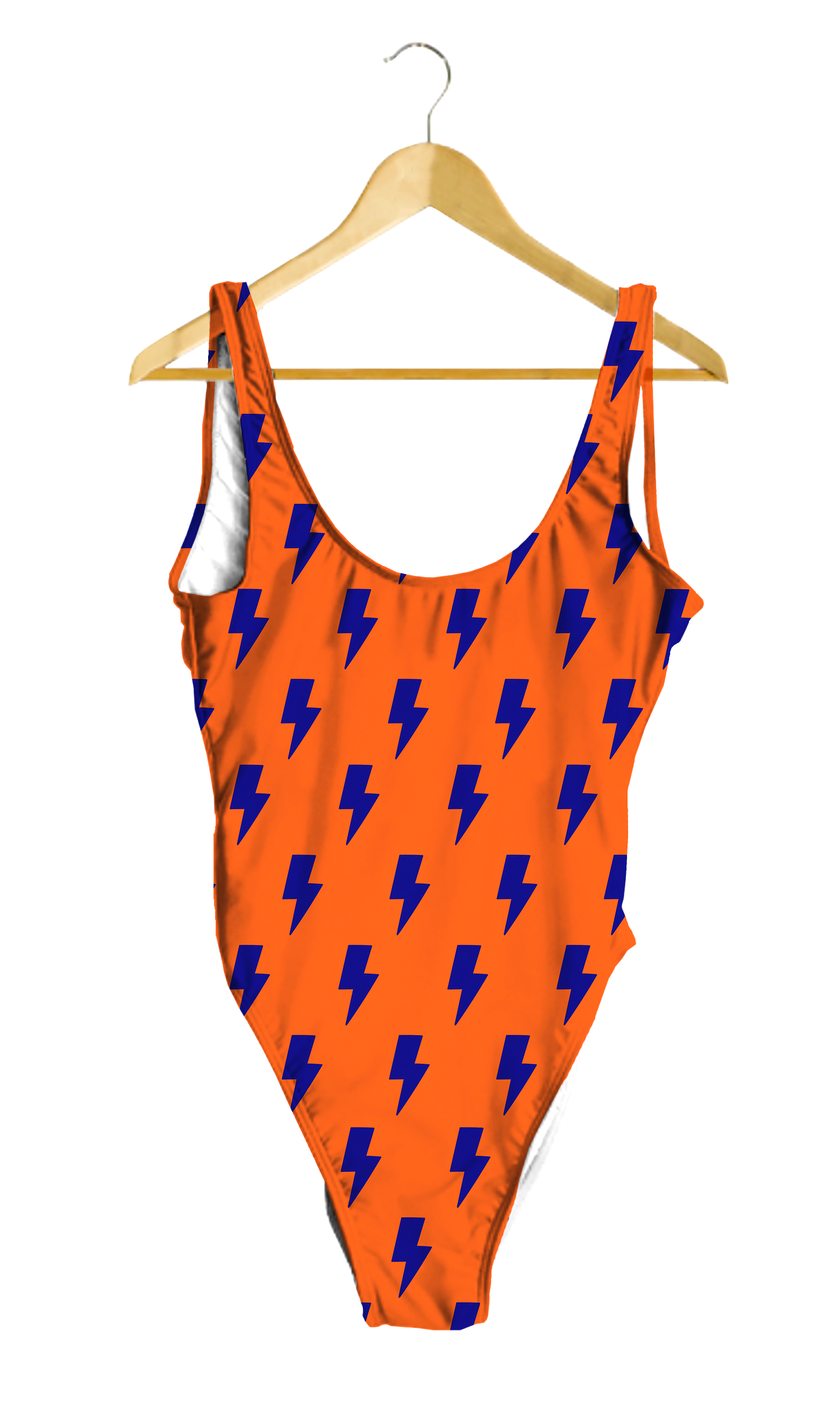 Blue Lightning Bolts on Orange One-Piece