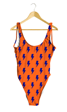 Blue Lightning Bolts on Orange One-Piece