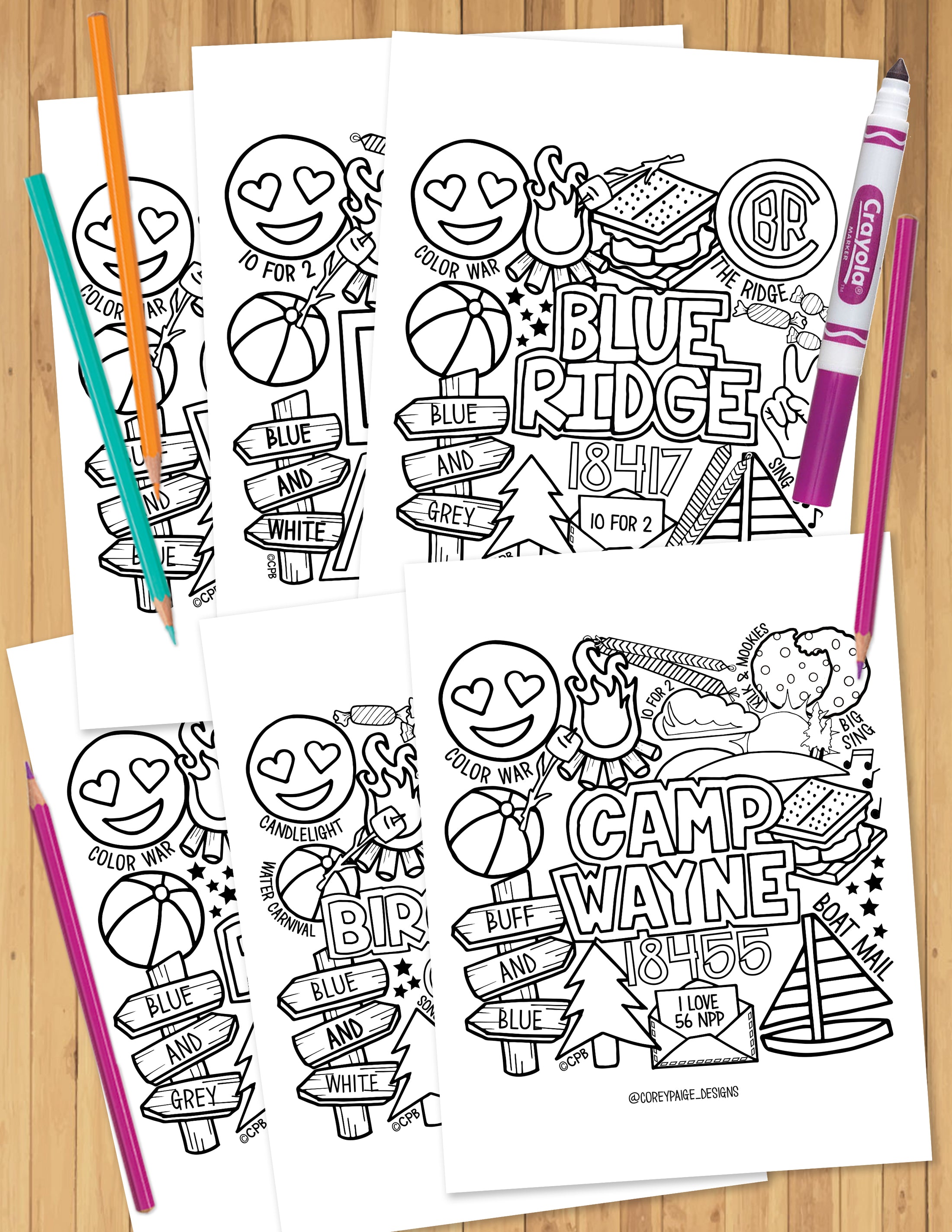 Camp Collage Coloring Sheets