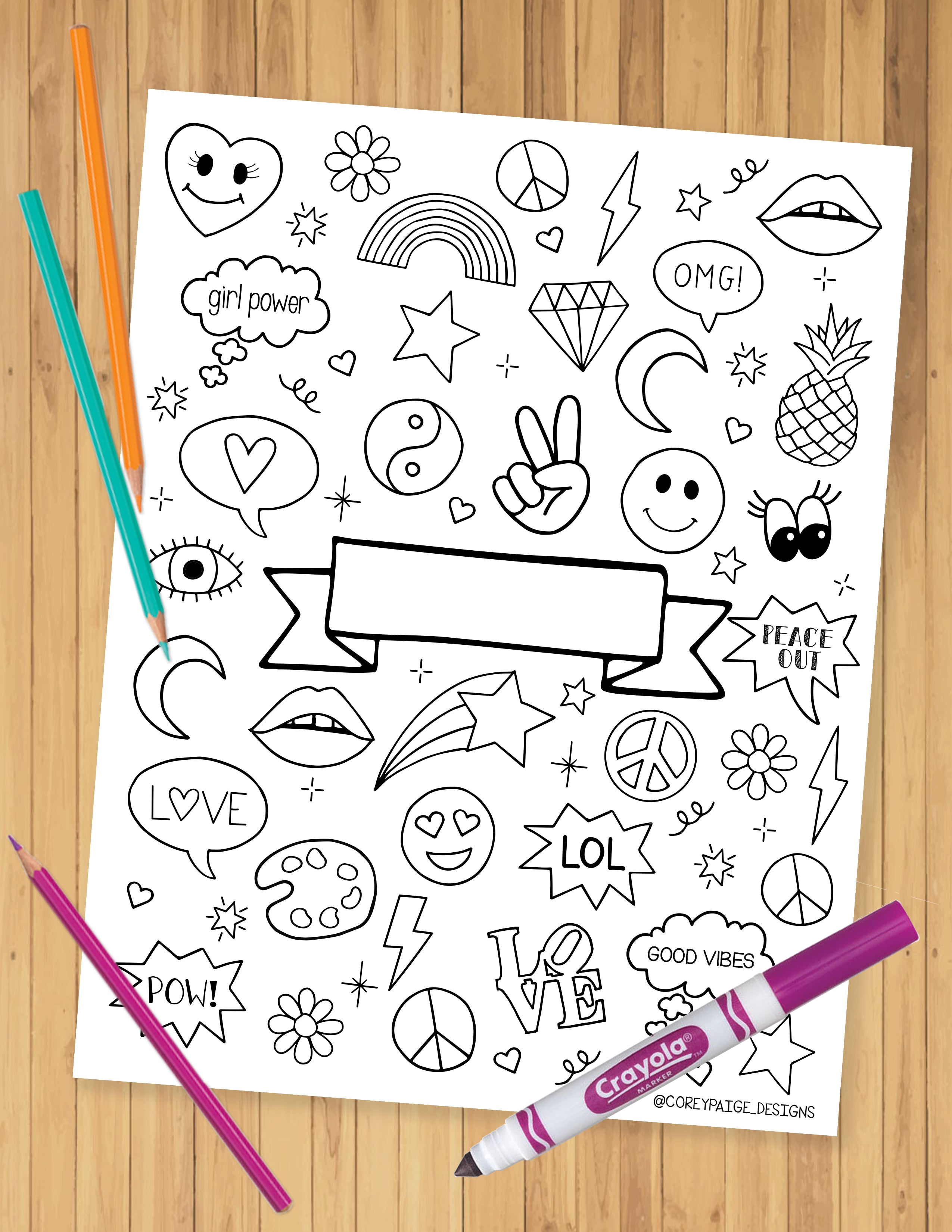 Doodle Icons Name Plate Coloring Sheet