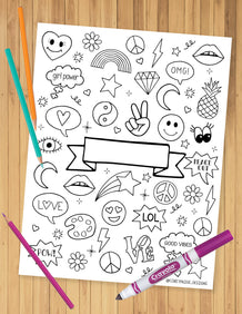 Doodle Icons Name Plate Coloring Sheet