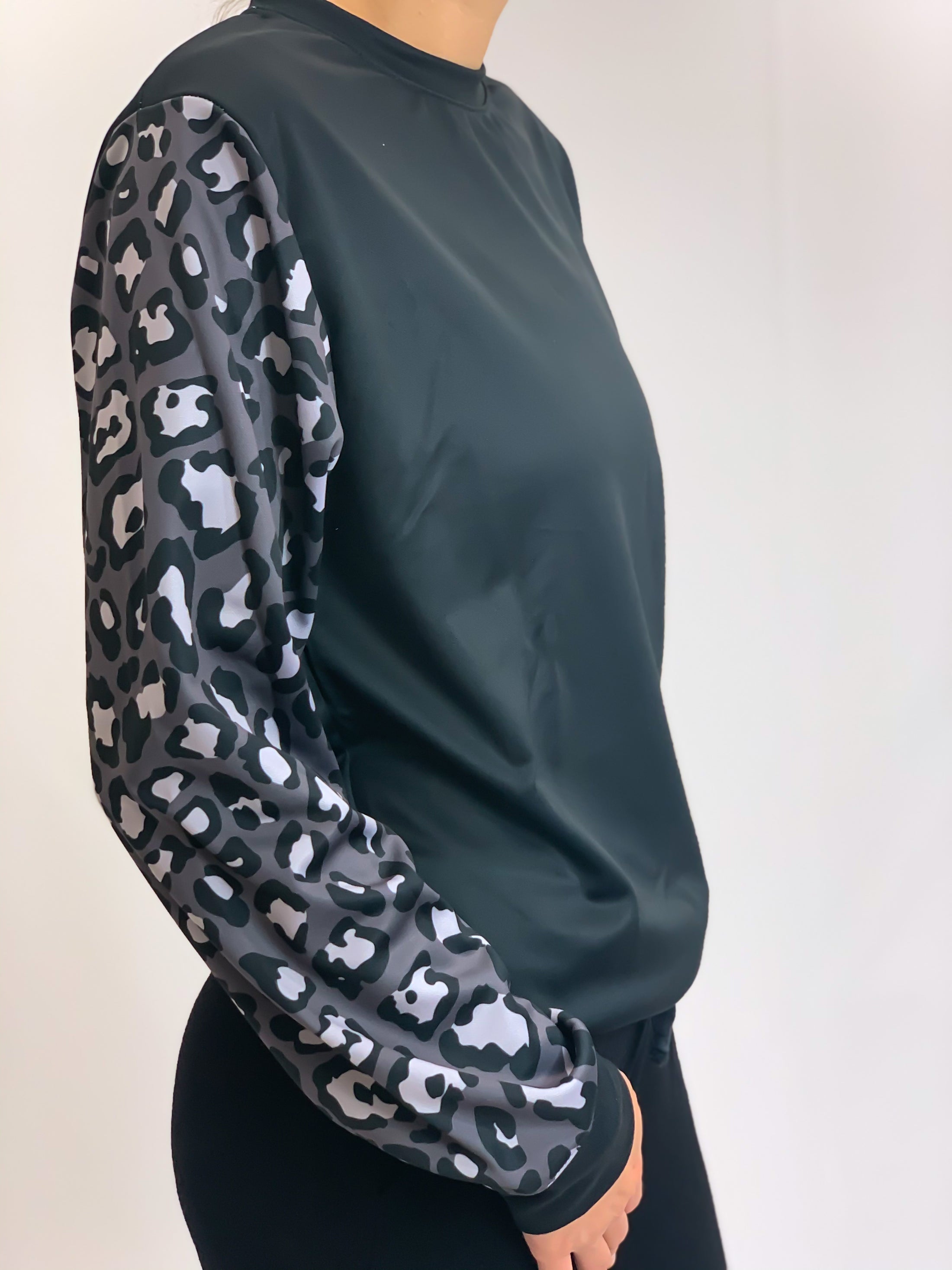 Gray Cheetah Sleeves Crew Neck Sweatshirt