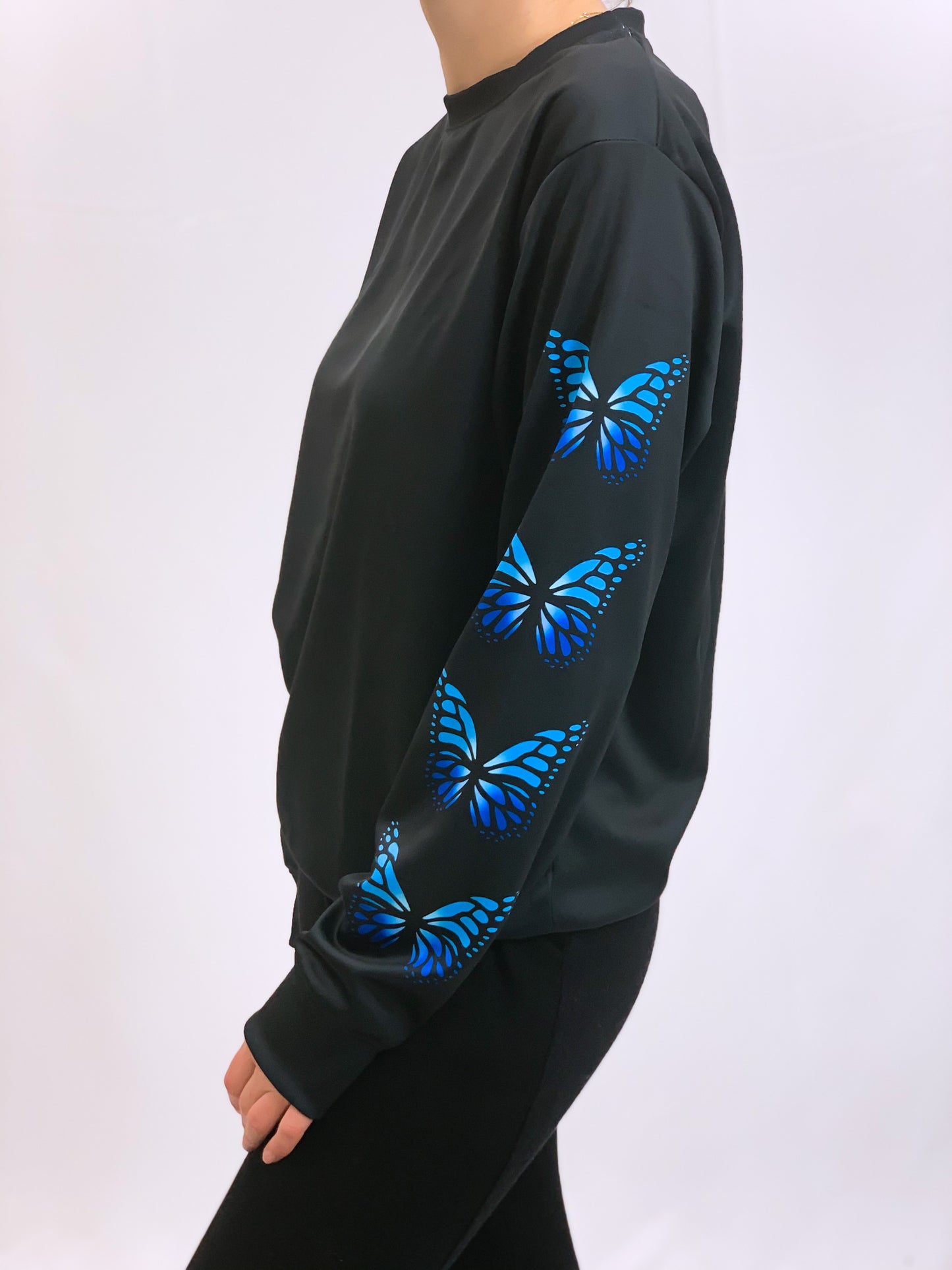 Blue Butterflies Black Crew Neck Sweatshirt