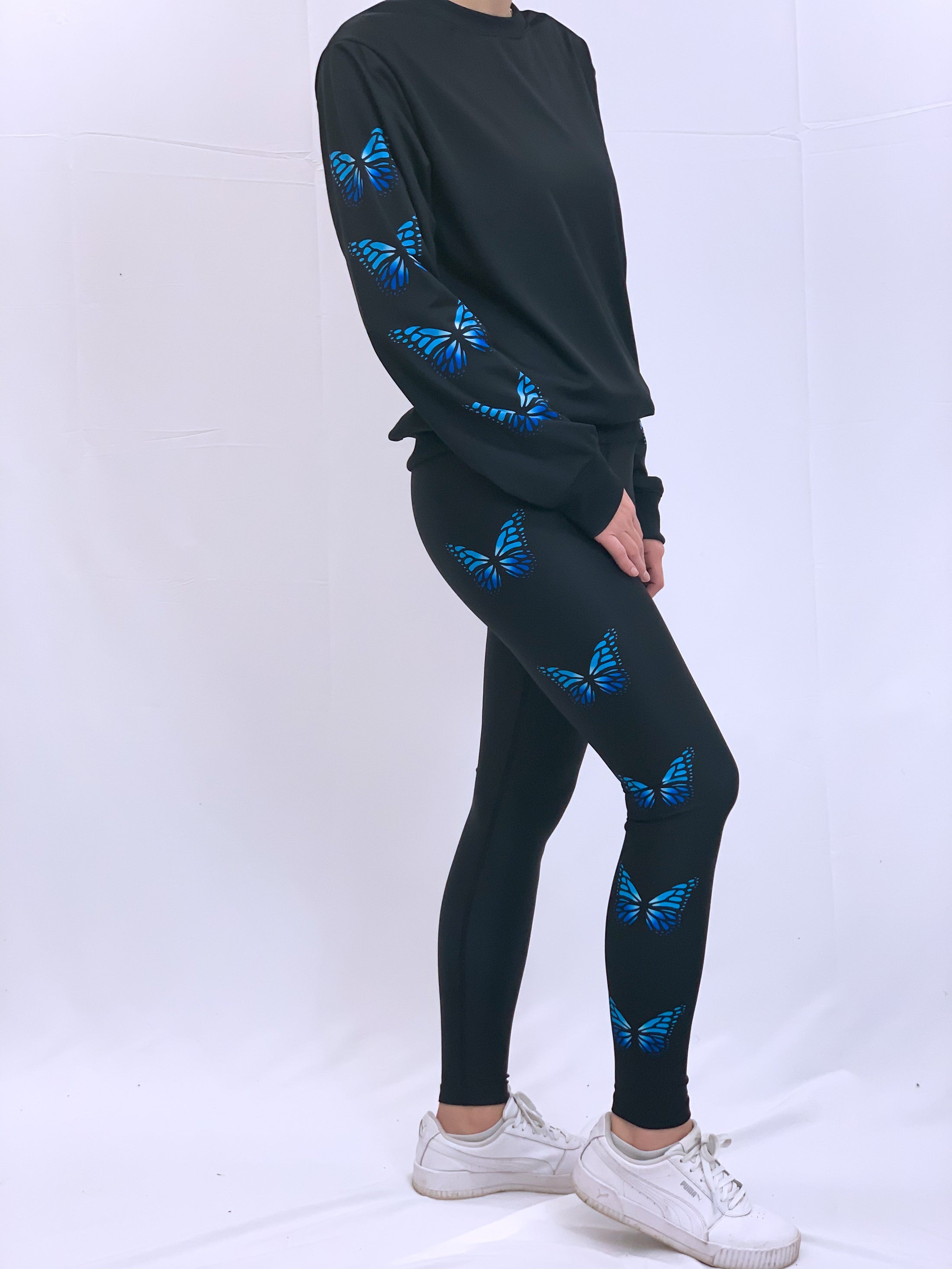 Blue Butterflies Black Crew Neck Sweatshirt