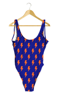Load image into Gallery viewer, Orange Lightning Bolts on Blue One-Piece
