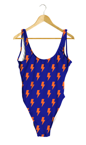 Orange Lightning Bolts on Blue One-Piece