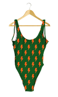 Load image into Gallery viewer, Orange Lightning Bolts on Green One-Piece
