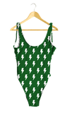 White Lightning Bolts on Green One-Piece