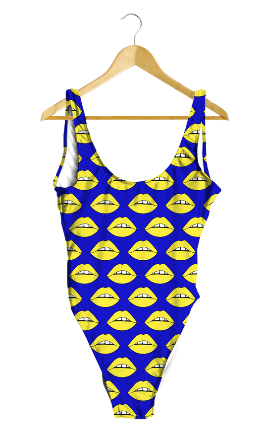 Yellow Lips on Blue One-Piece