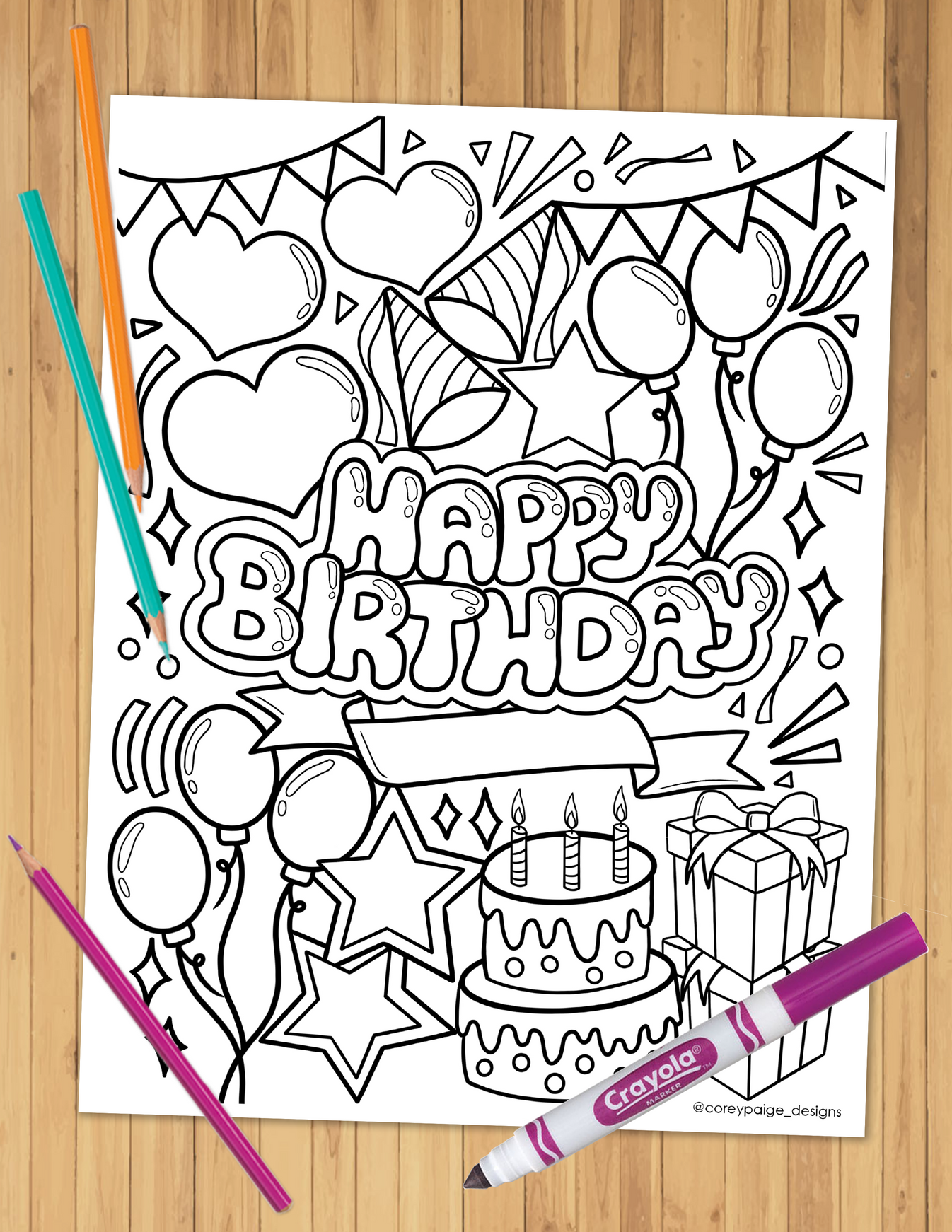 Happy Birthday Coloring Sheet – CoreyPaigeDesigns