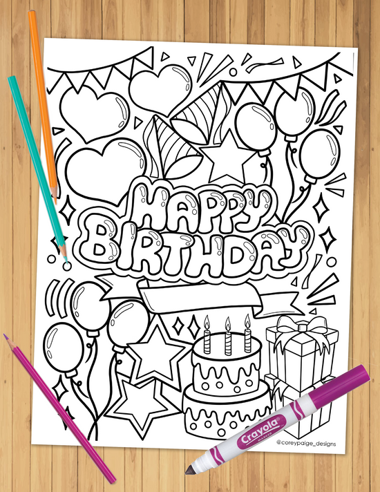 Happy Birthday Coloring Sheet – CoreyPaigeDesigns