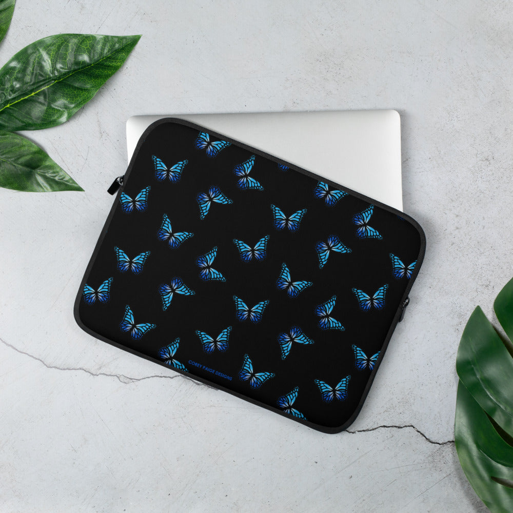 Blue Butterflies Black Laptop Sleeve