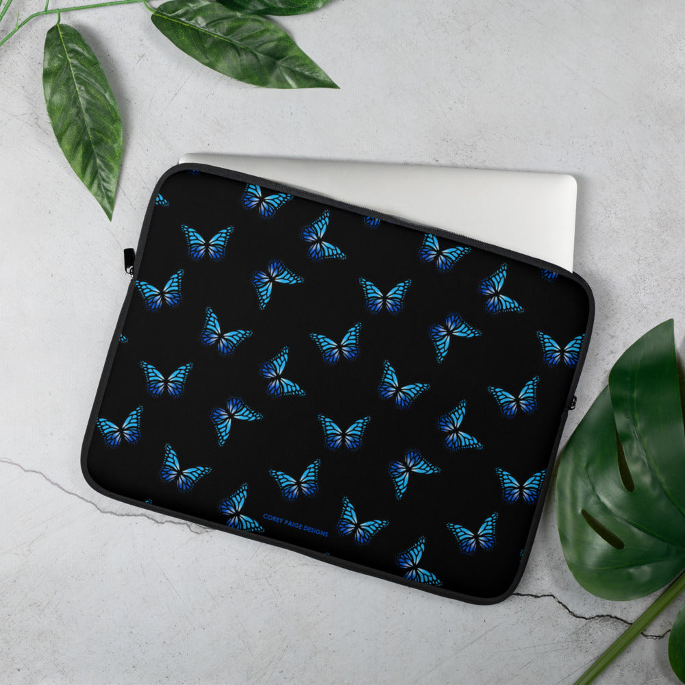 Blue Butterflies Black Laptop Sleeve